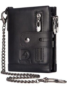 Genuine Leather Men's Wallet with Chain, RFID Blocking, Bifold, Double Zipper
